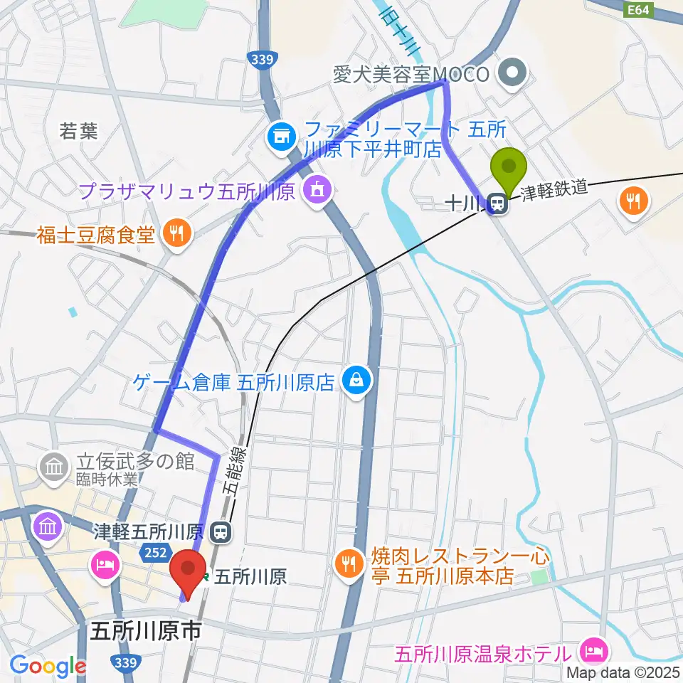 十川駅からFMごしょがわら Gラジへのルートマップ地図