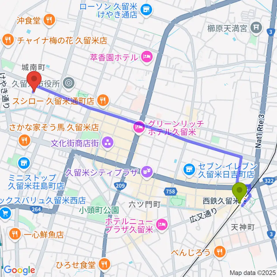 西鉄久留米駅からゆめ色ピアノ教室へのルートマップ地図