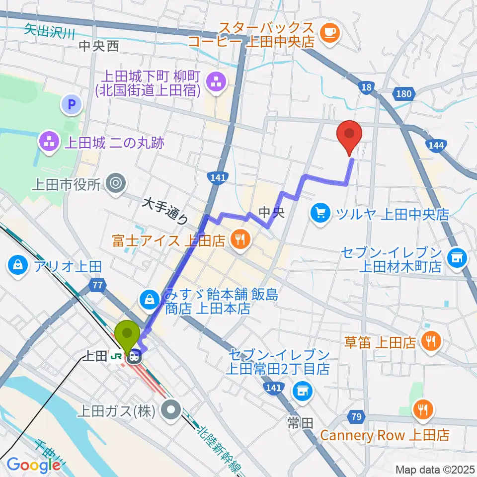 中澤ホールの最寄駅上田駅からの徒歩ルート（約19分）地図