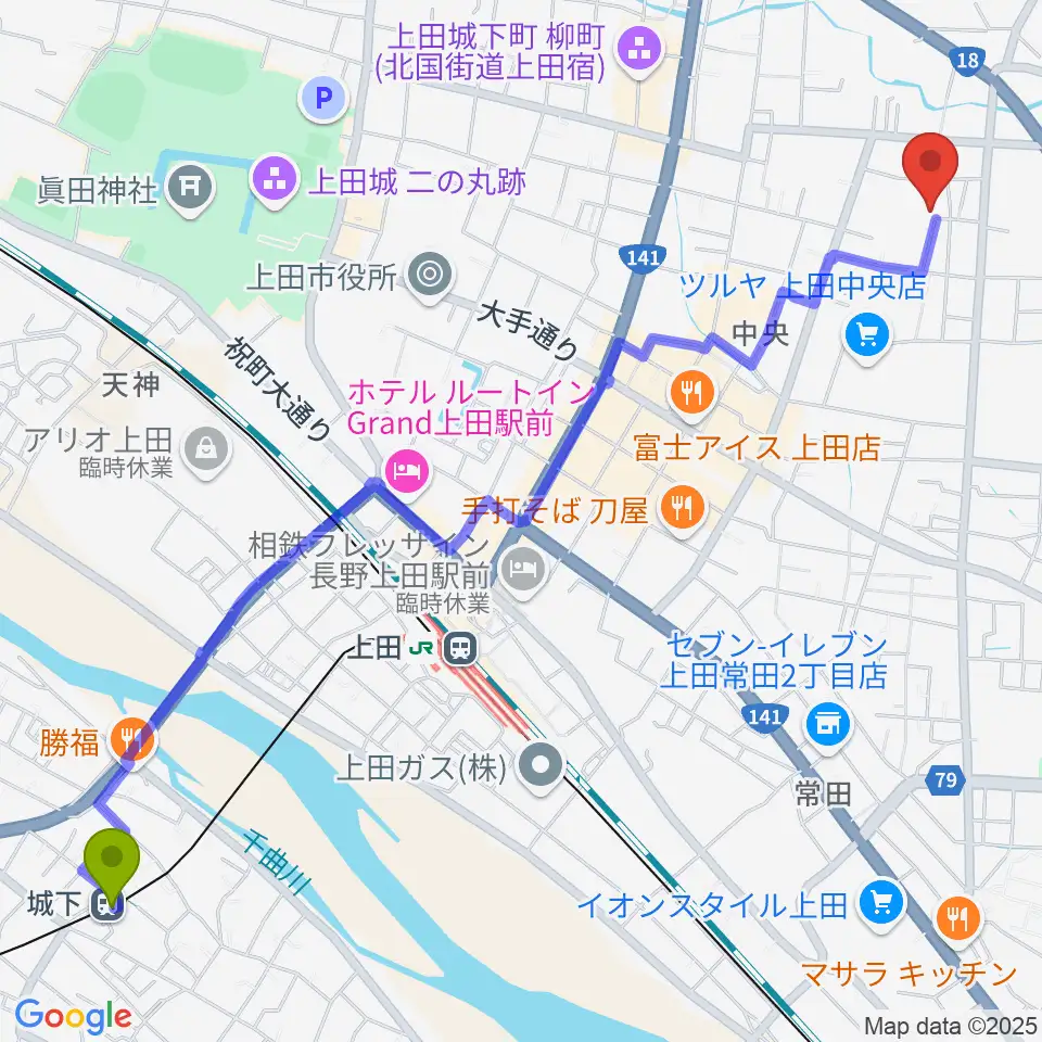 城下駅から中澤ホールへのルートマップ地図