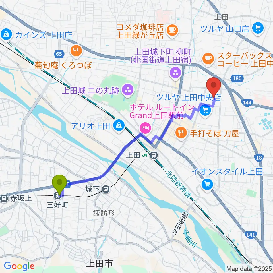 三好町駅から中澤ホールへのルートマップ地図