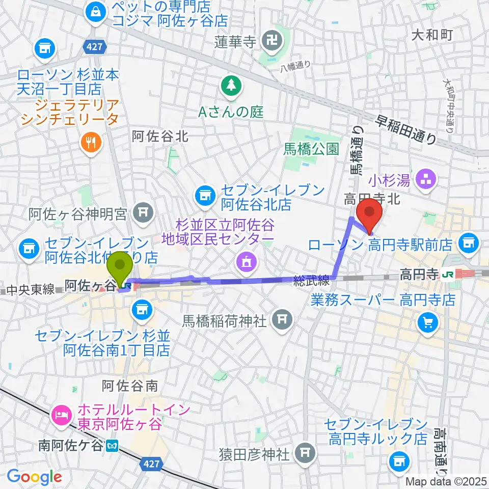 阿佐ケ谷駅から高円寺パンディットへのルートマップ地図
