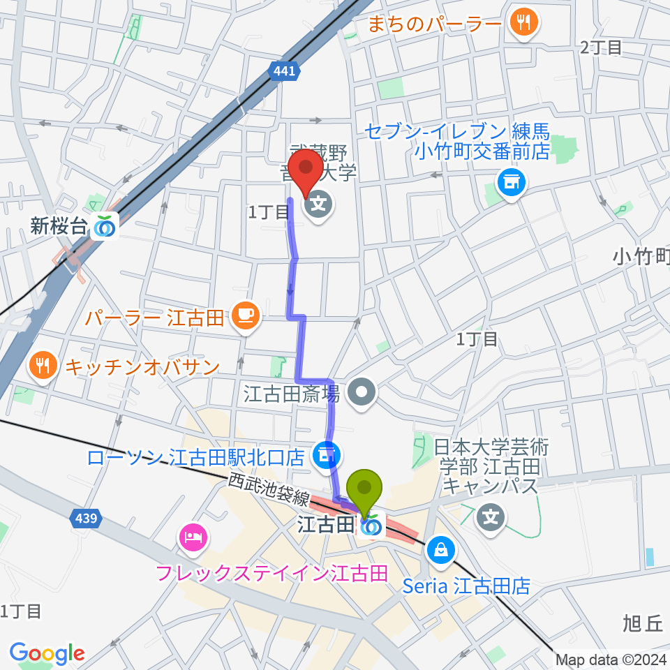 江古田駅から武蔵野音楽大学ベートーヴェンホールへのルートマップ地図