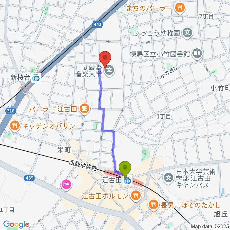 江古田駅から武蔵野音楽大学ベートーヴェンホールへのルートマップ地図