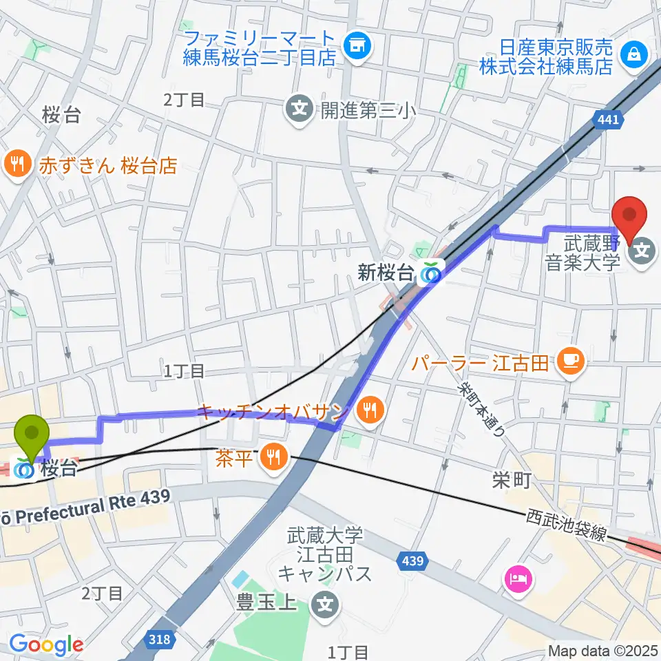 桜台駅から武蔵野音楽大学ベートーヴェンホールへのルートマップ地図