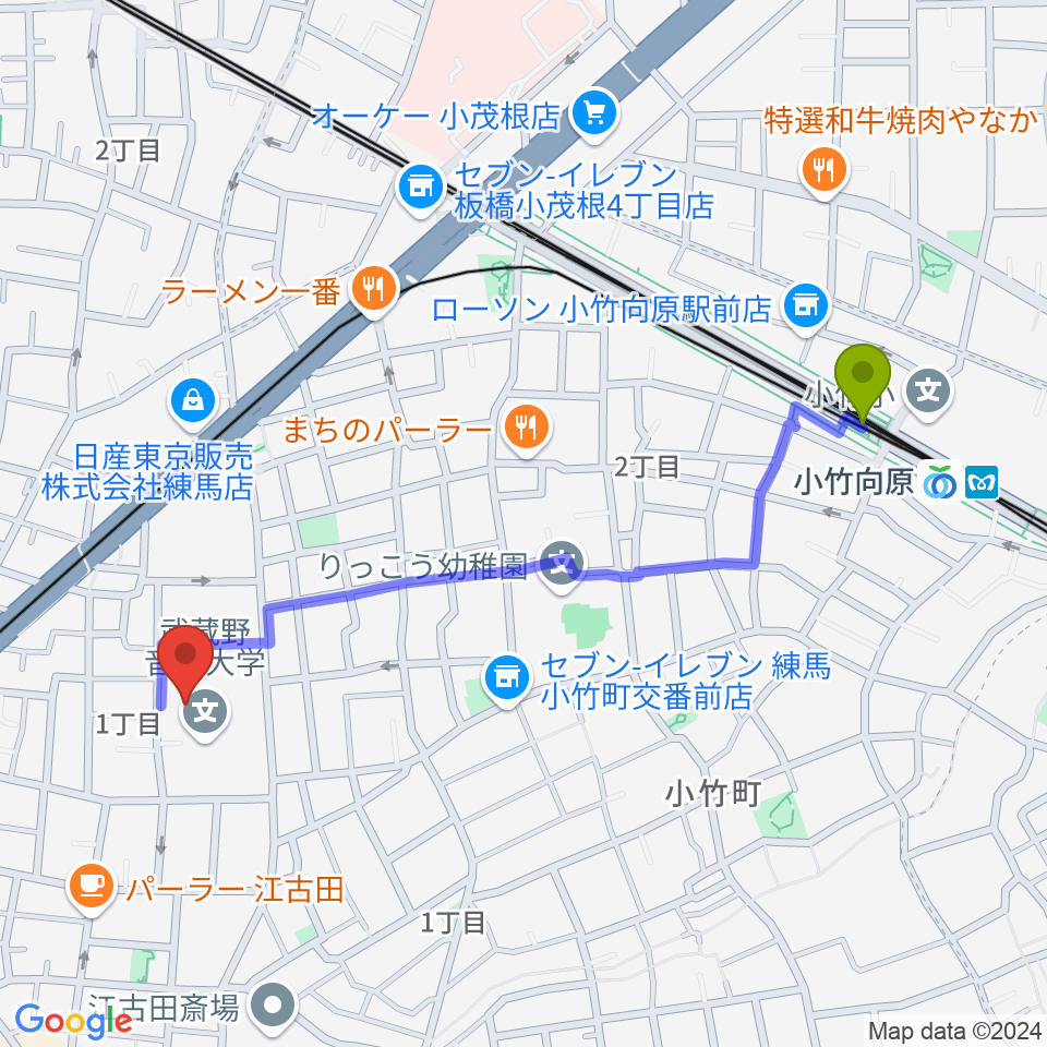 小竹向原駅から武蔵野音楽大学ベートーヴェンホールへのルートマップ地図