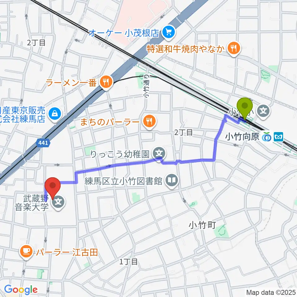 小竹向原駅から武蔵野音楽大学ベートーヴェンホールへのルートマップ地図