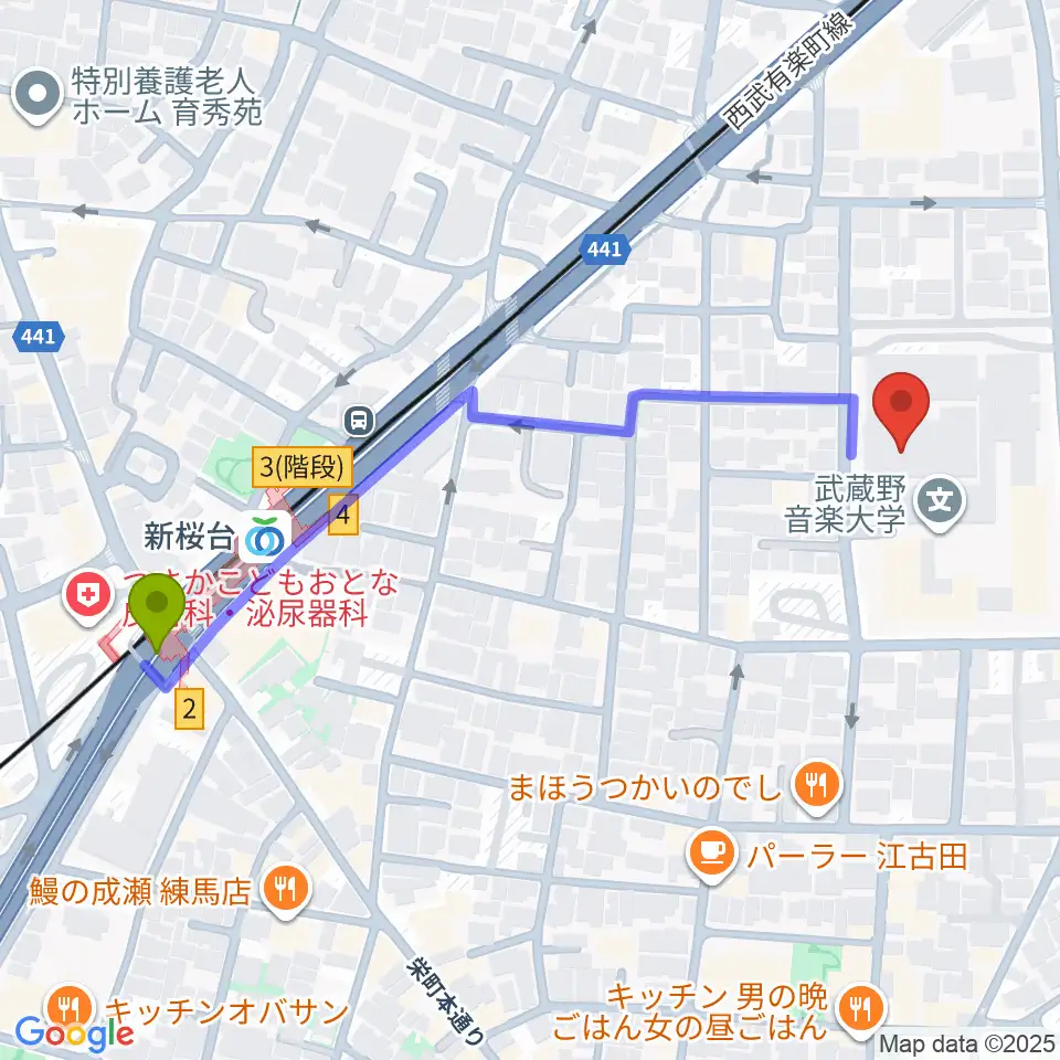 武蔵野音楽大学ベートーヴェンホールの最寄駅新桜台駅からの徒歩ルート（約6分）地図