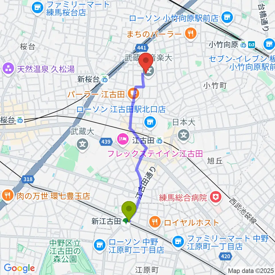新江古田駅から武蔵野音楽大学ベートーヴェンホールへのルートマップ地図
