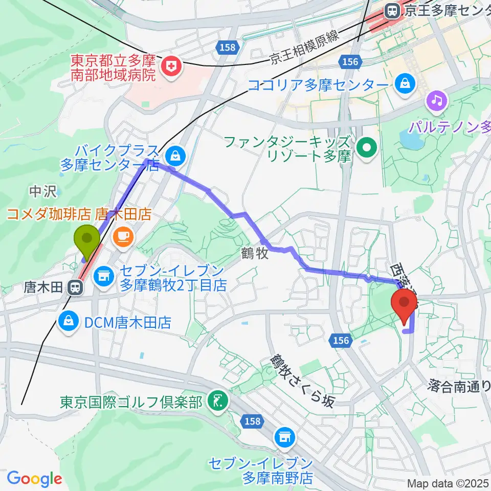 唐木田駅からパルナソス多摩 シューベルトホールへのルートマップ地図
