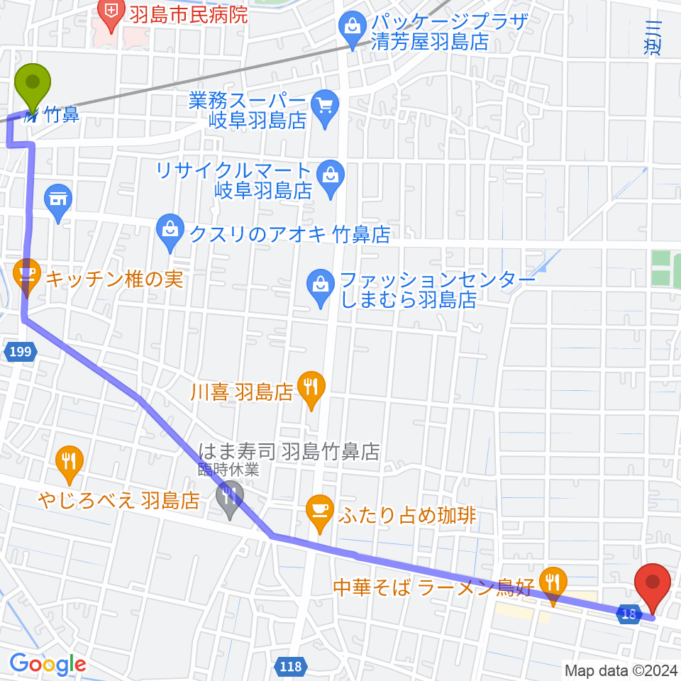 竹鼻駅からジ・エンカウンターへのルートマップ地図
