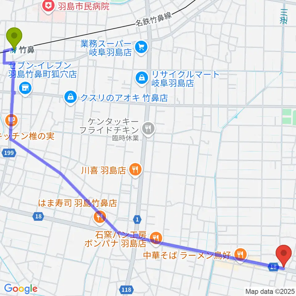 竹鼻駅からジ・エンカウンターへのルートマップ地図