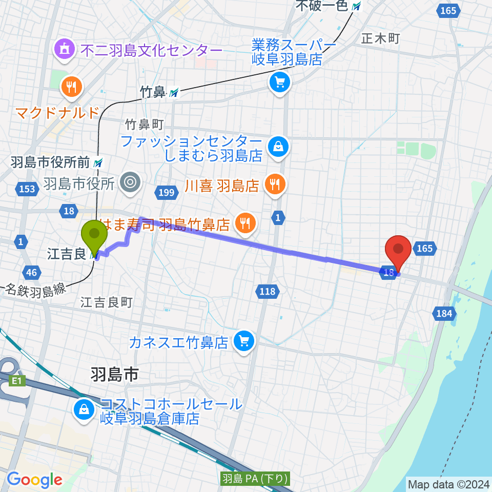 江吉良駅からジ・エンカウンターへのルートマップ地図