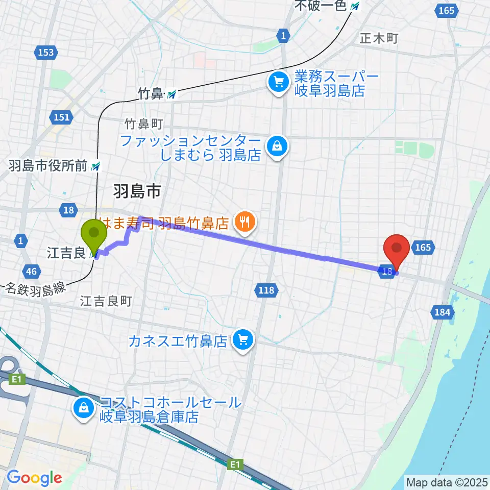 江吉良駅からジ・エンカウンターへのルートマップ地図