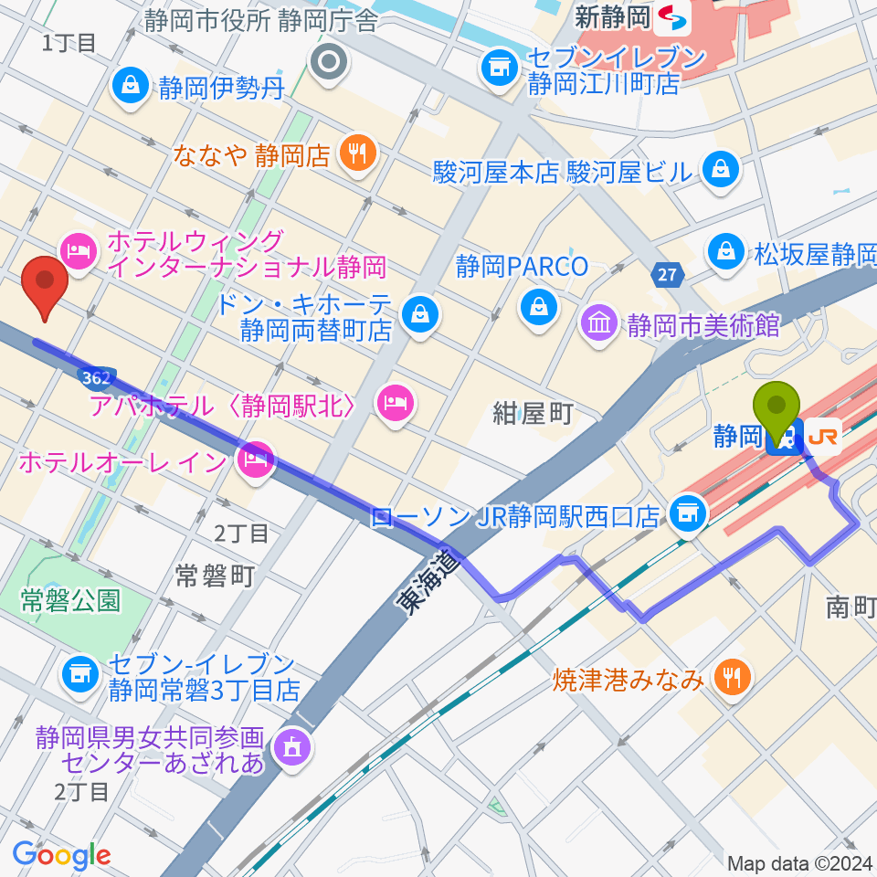 静岡駅からMIRAIEリアン コミュニティホール七間町へのルートマップ地図