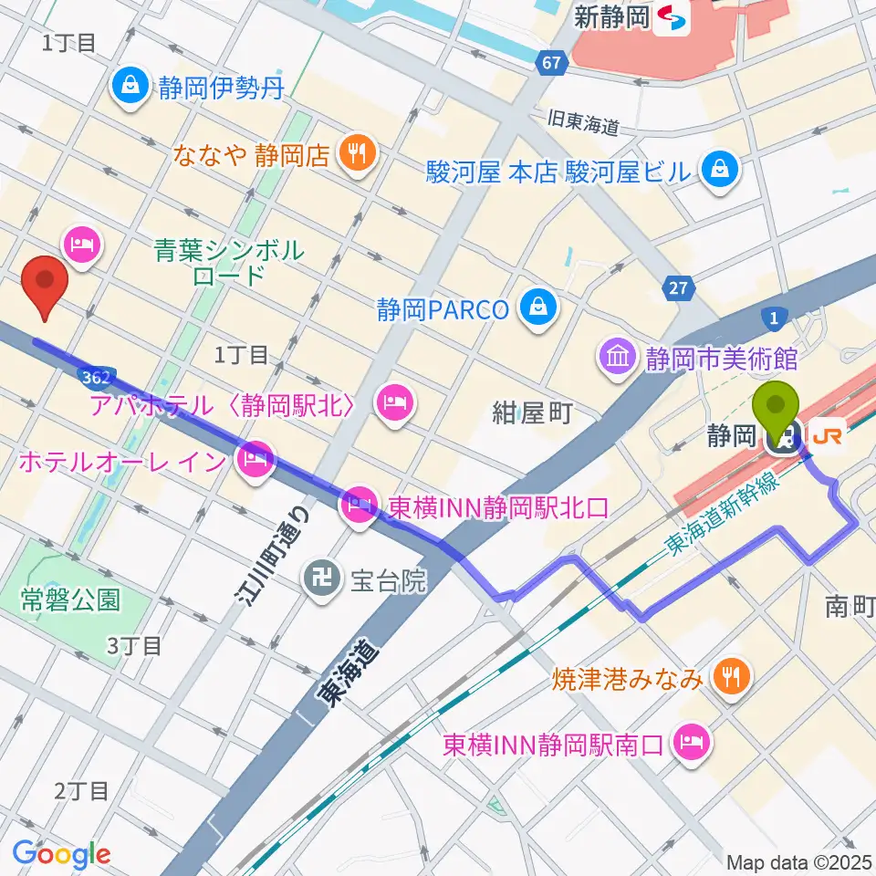 静岡駅からMIRAIEリアン コミュニティホール七間町へのルートマップ地図