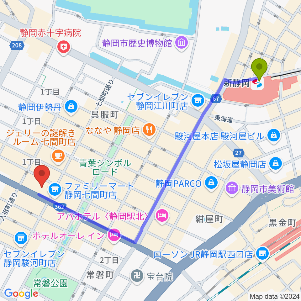 MIRAIEリアン コミュニティホール七間町の最寄駅新静岡駅からの徒歩ルート（約13分）地図