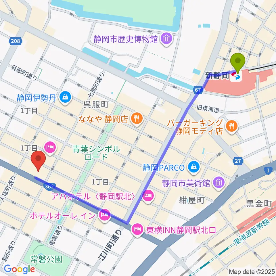 MIRAIEリアン コミュニティホール七間町の最寄駅新静岡駅からの徒歩ルート（約13分）地図
