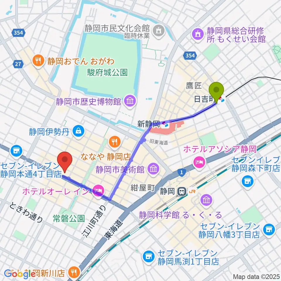 日吉町駅からMIRAIEリアン コミュニティホール七間町へのルートマップ地図