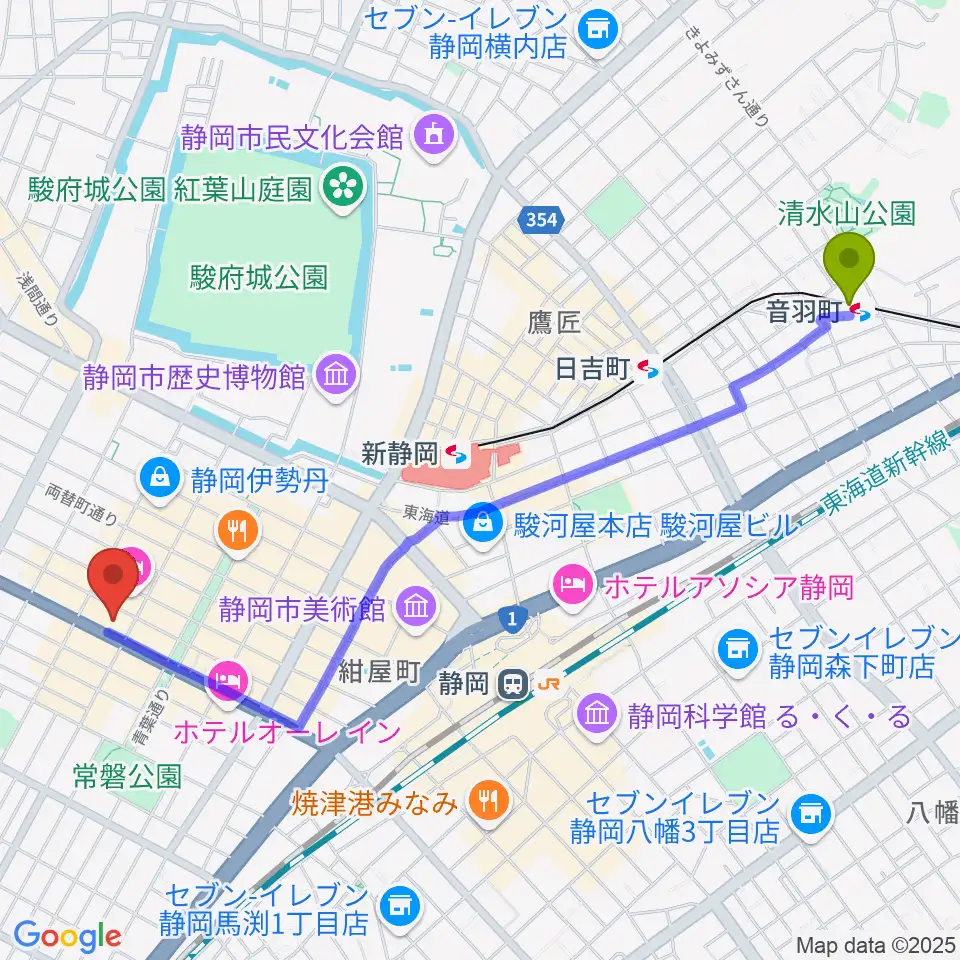 音羽町駅からMIRAIEリアン コミュニティホール七間町へのルートマップ地図