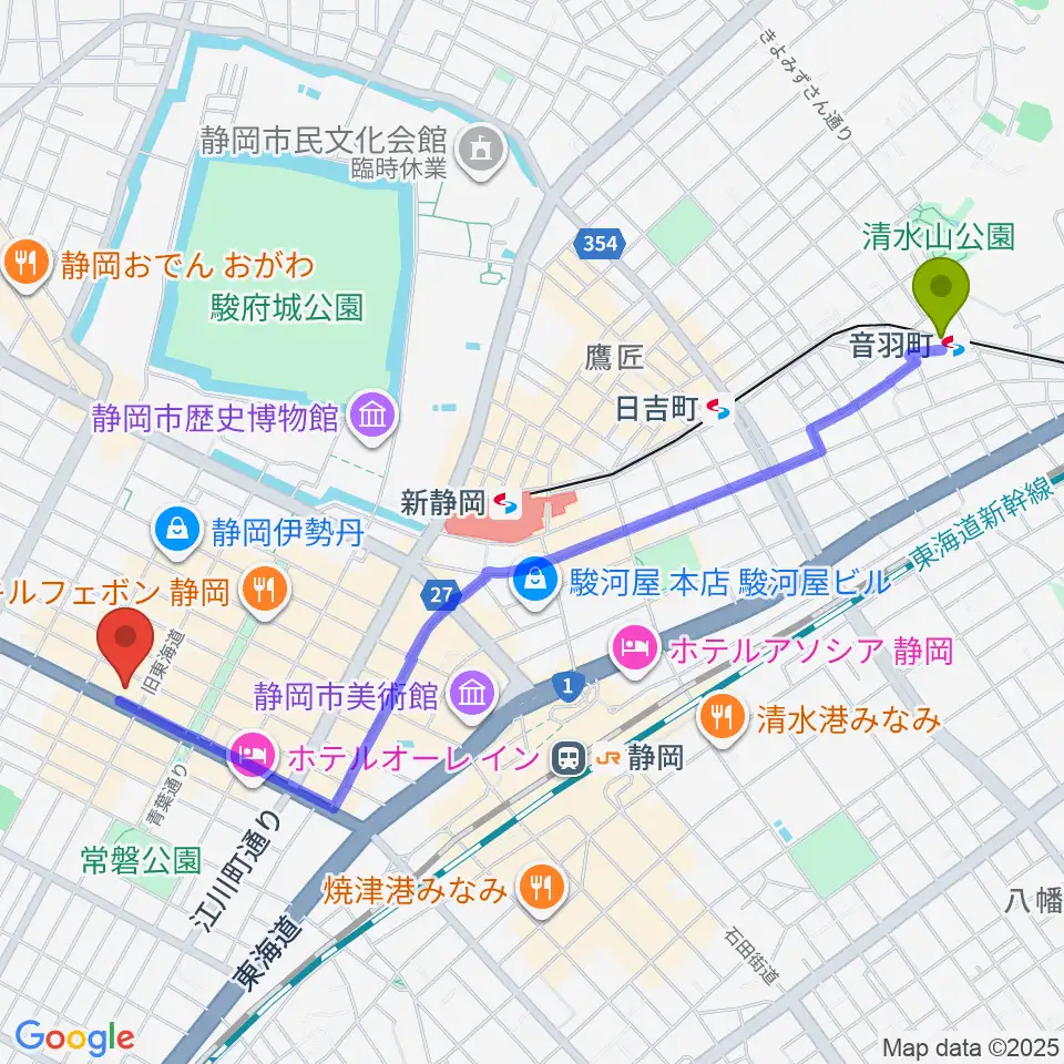 音羽町駅からMIRAIEリアン コミュニティホール七間町へのルートマップ地図