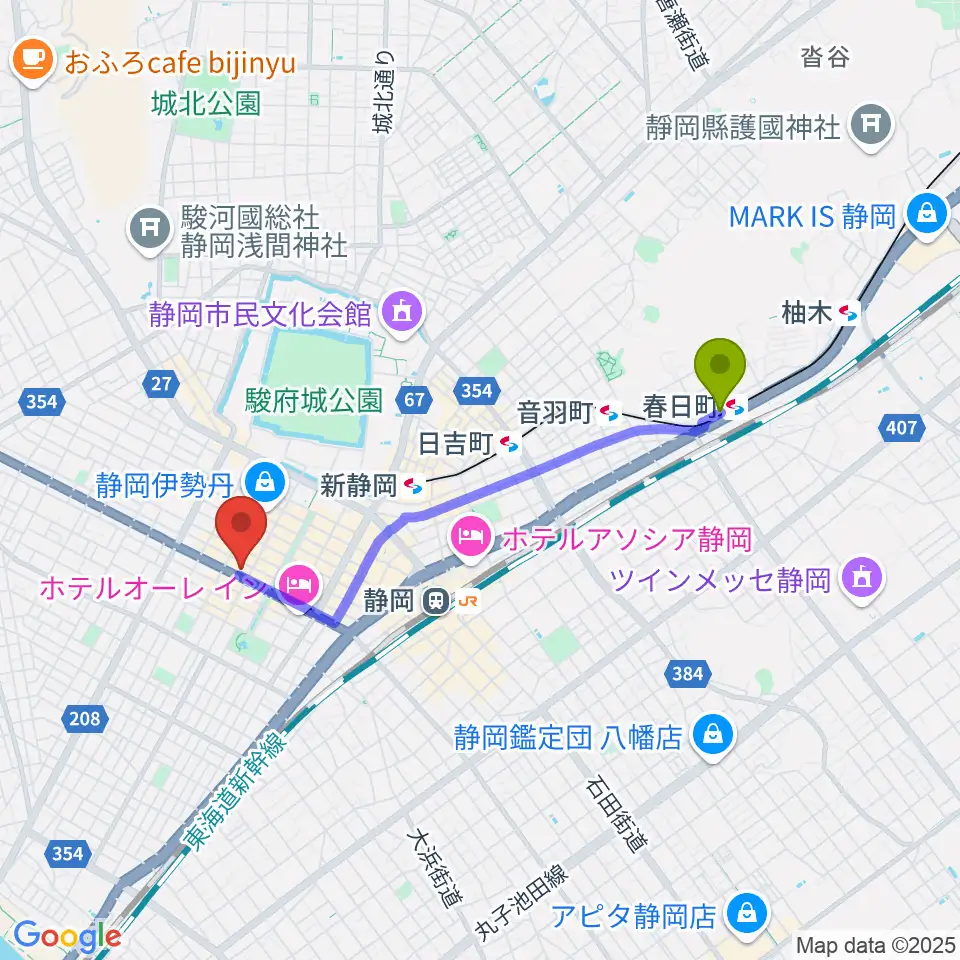 春日町駅からMIRAIEリアン コミュニティホール七間町へのルートマップ地図