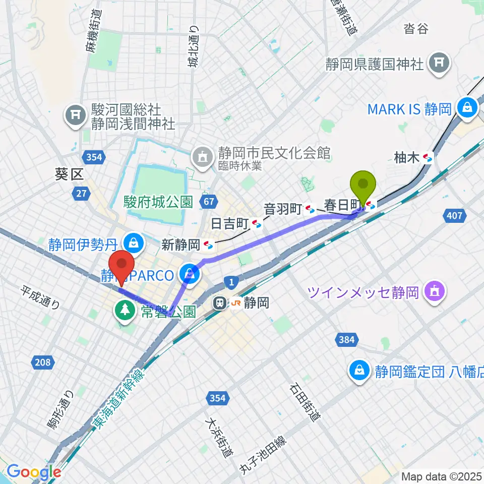 春日町駅からMIRAIEリアン コミュニティホール七間町へのルートマップ地図