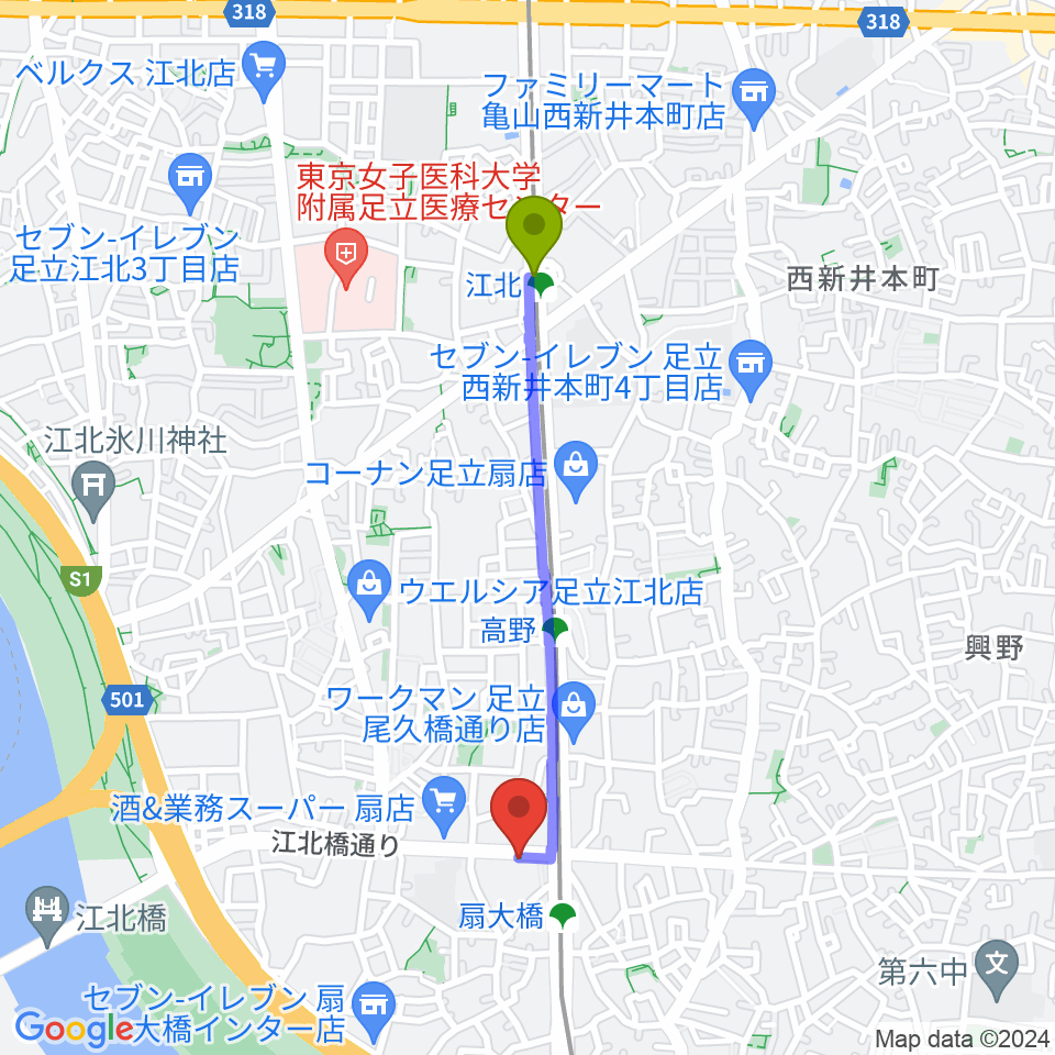 江北駅からアトリエTANTOOへのルートマップ地図