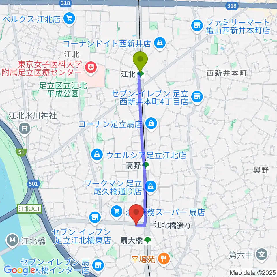 江北駅からアトリエTANTOOへのルートマップ地図