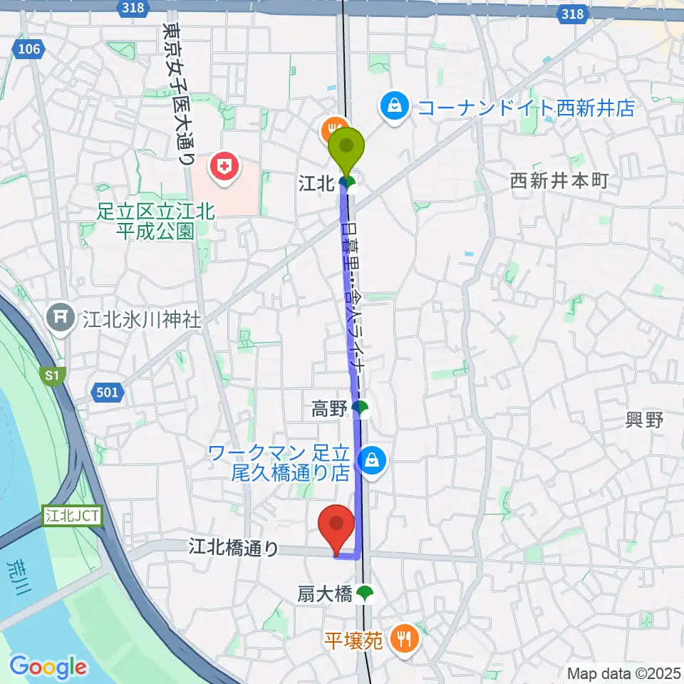 江北駅からアトリエTANTOOへのルートマップ地図