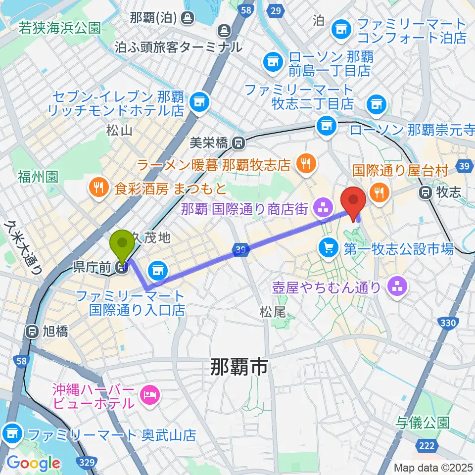 県庁前駅からてんぶす那覇へのルートマップ地図