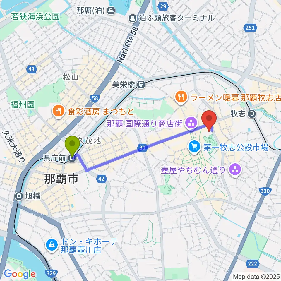 県庁前駅からてんぶす那覇へのルートマップ地図