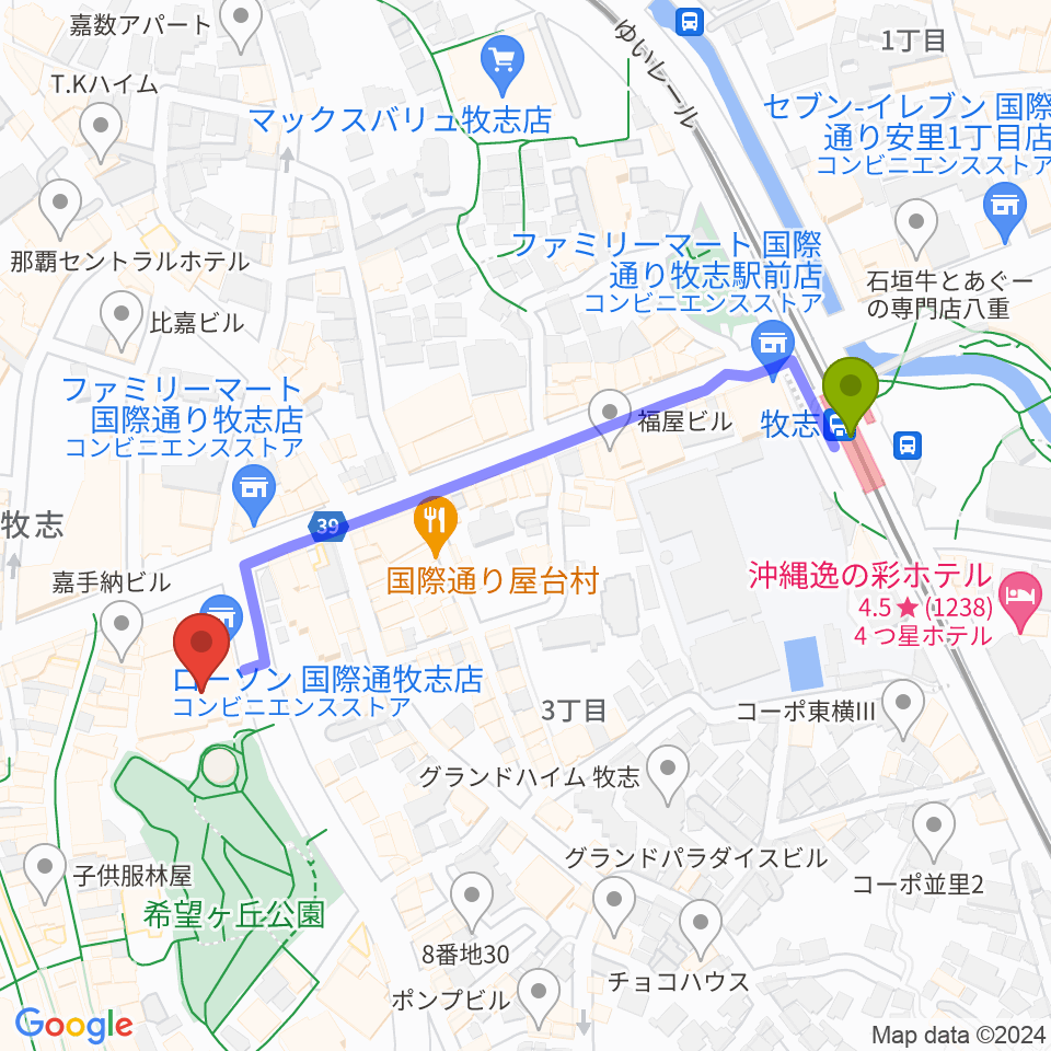 てんぶす那覇の最寄駅牧志駅からの徒歩ルート（約6分）地図