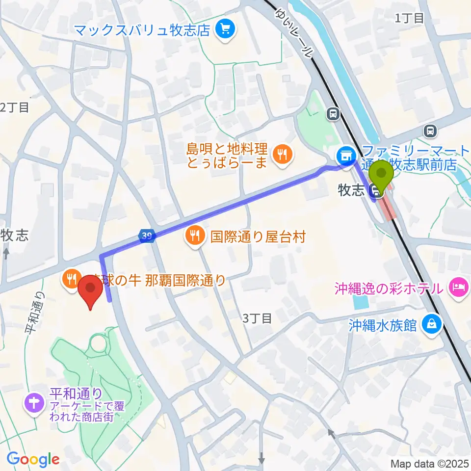 てんぶす那覇の最寄駅牧志駅からの徒歩ルート（約6分）地図