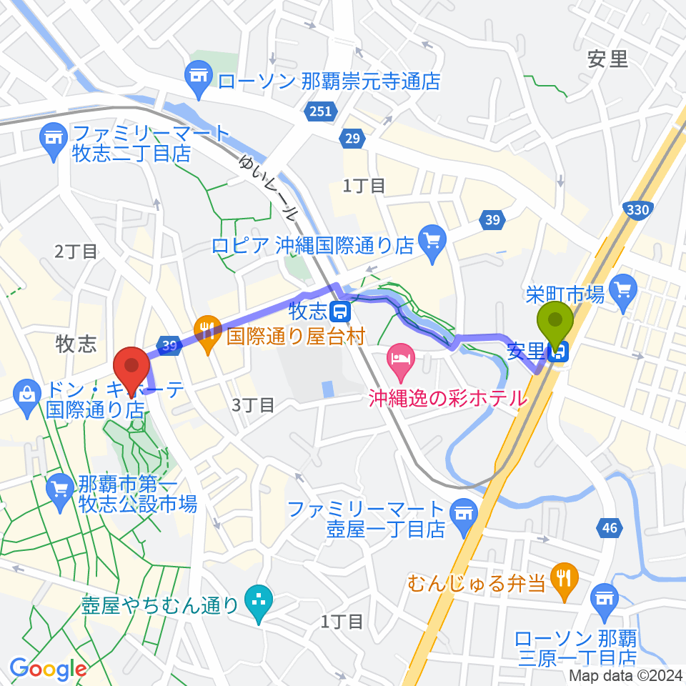 安里駅からてんぶす那覇へのルートマップ地図