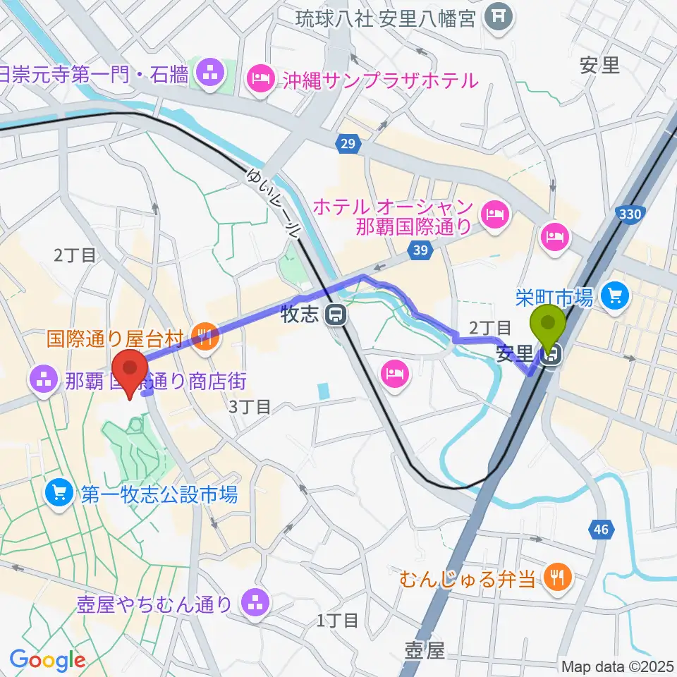 安里駅からてんぶす那覇へのルートマップ地図