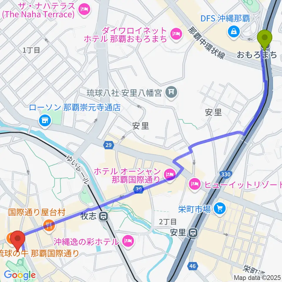 おもろまち駅からてんぶす那覇へのルートマップ地図