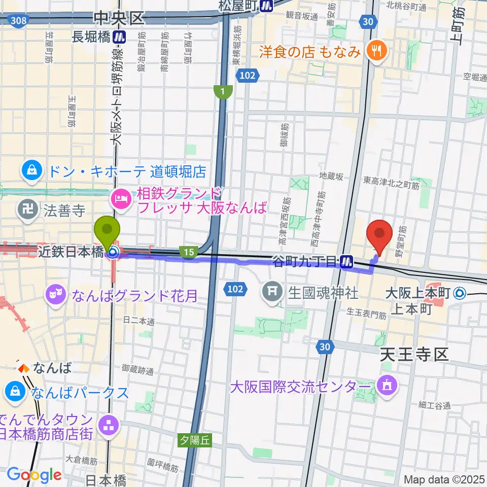 近鉄日本橋駅からLittle Egg Studioへのルートマップ地図