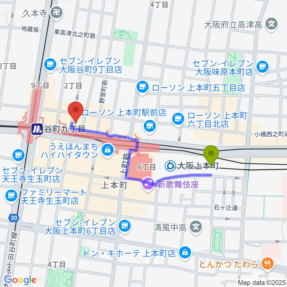 大阪上本町駅からLittle Egg Studioへのルートマップ地図