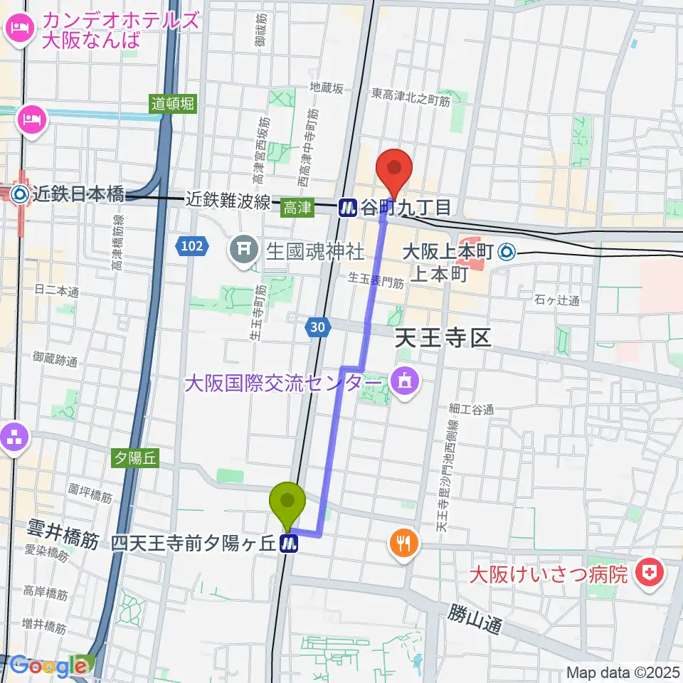 四天王寺前夕陽ヶ丘駅からLittle Egg Studioへのルートマップ地図