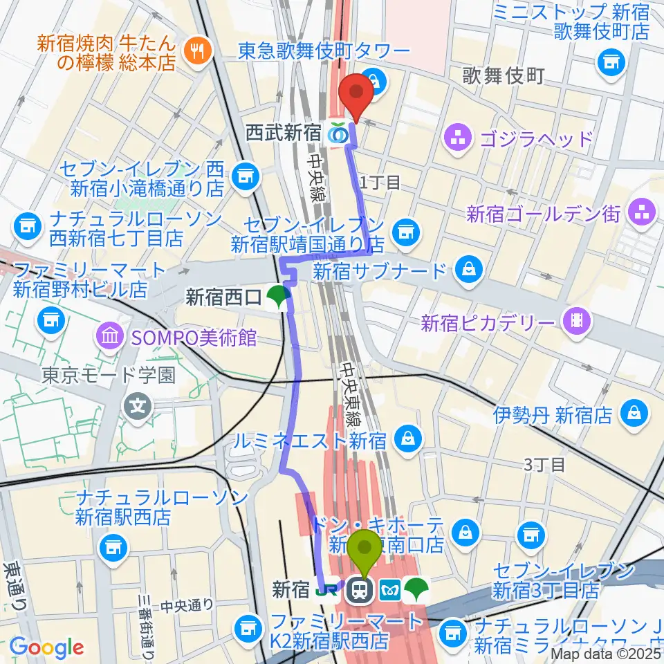 新宿駅から新宿バッシュ!!へのルートマップ地図