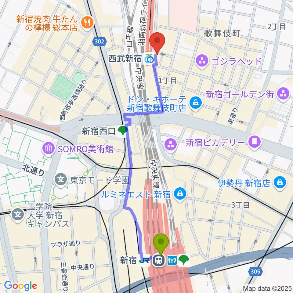 新宿駅から新宿バッシュ!!へのルートマップ地図