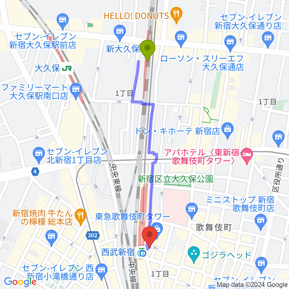 新大久保駅から新宿バッシュ!!へのルートマップ地図