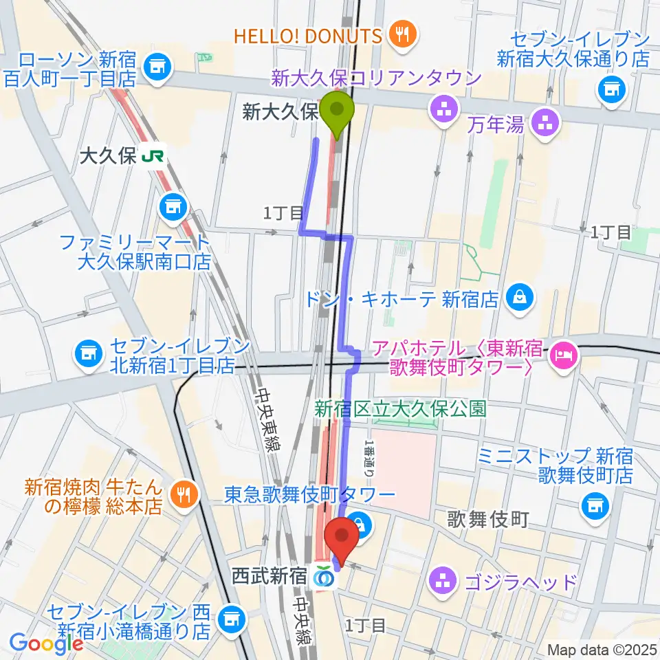 新大久保駅から新宿バッシュ!!へのルートマップ地図