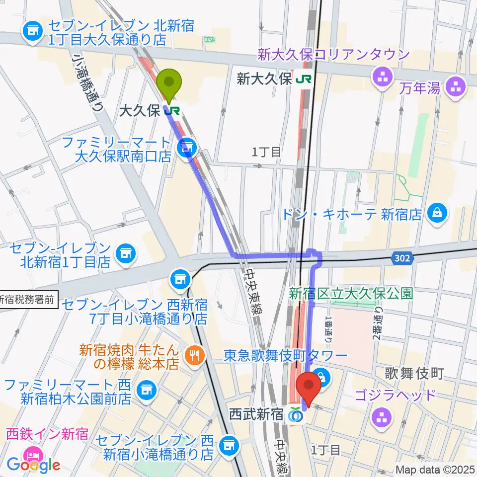 大久保駅から新宿バッシュ!!へのルートマップ地図