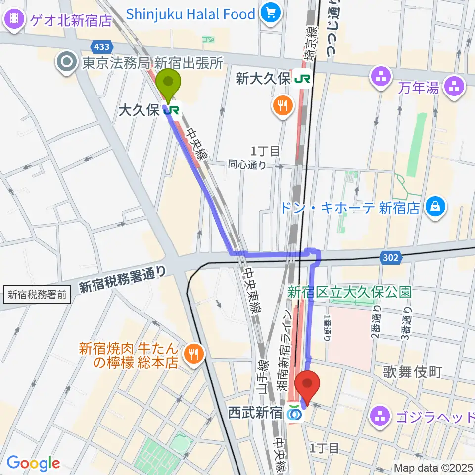 大久保駅から新宿バッシュ!!へのルートマップ地図