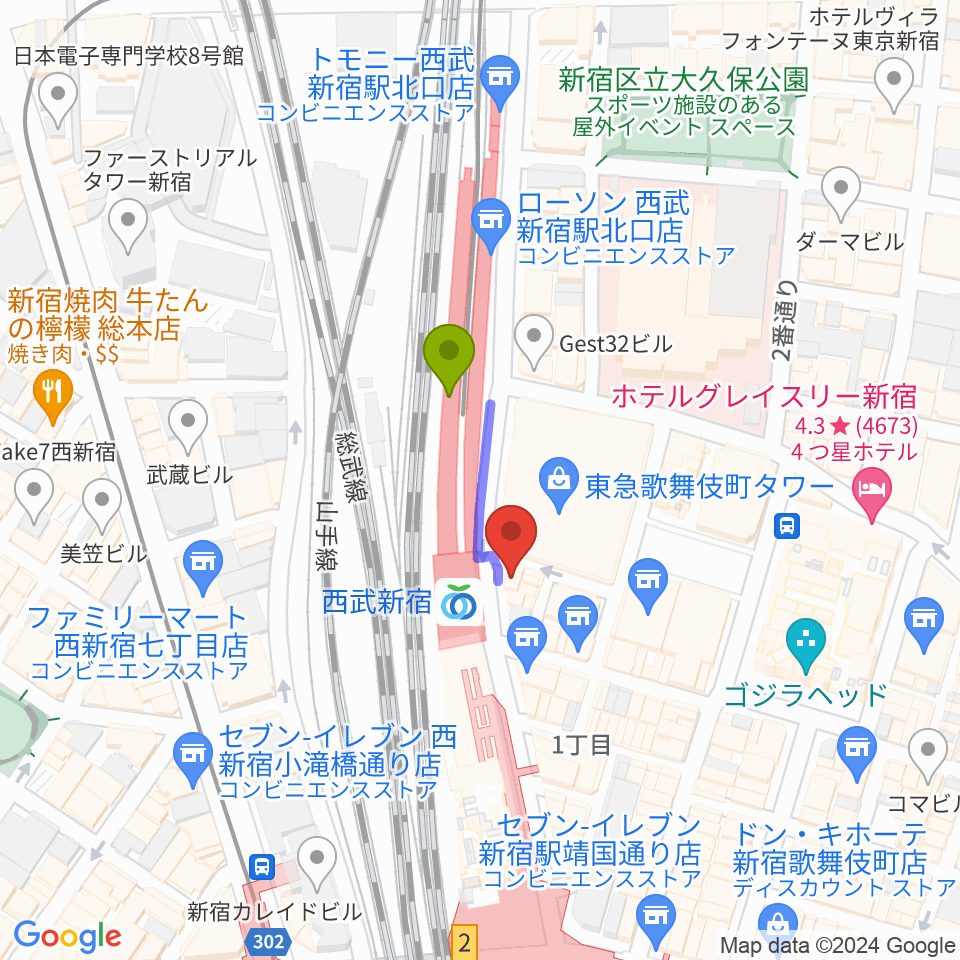 新宿バッシュ!!の最寄駅西武新宿駅からの徒歩ルート（約2分）地図