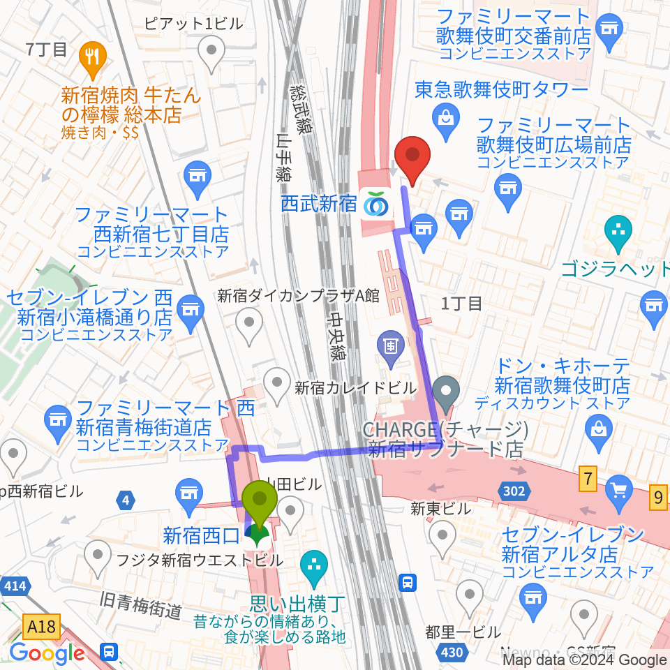 新宿西口駅から新宿バッシュ!!へのルートマップ地図