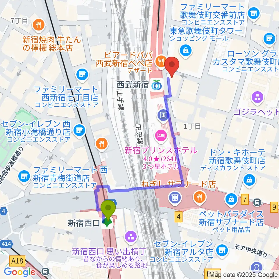 新宿西口駅から新宿バッシュ!!へのルートマップ地図