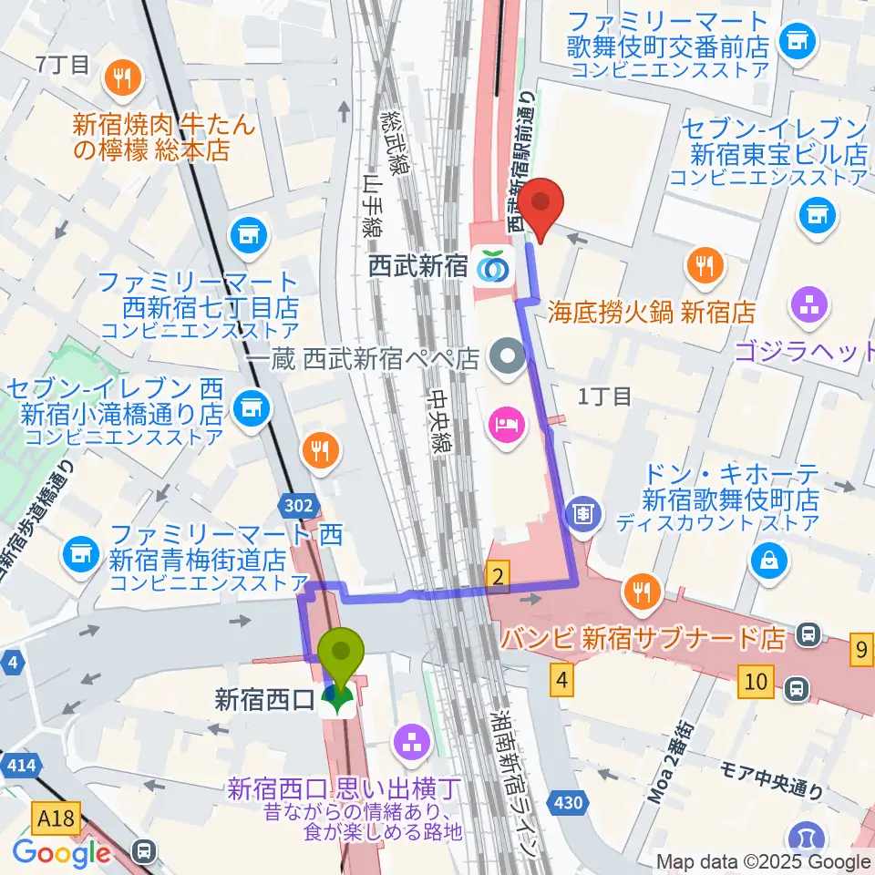 新宿西口駅から新宿バッシュ!!へのルートマップ地図